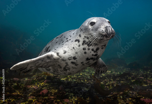 Grey Seal photographed underwater.