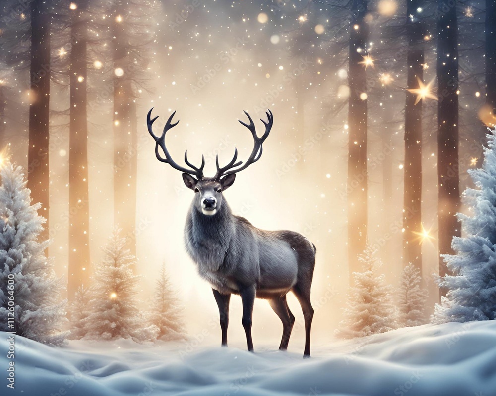 Christmas banner with magical scene of a reindeer in center in snowy forest with Christmas trees with lights Christmas banner with magical scene of a reindeer in center in snowy forest with Christmas trees with lights