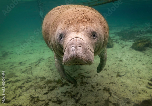 Eye level with a Florida Manatee (Trichechus) photographed underwater.