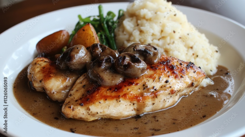 Pan-seared chicken breast with mushroom sauce, served with creamy mashed potatoes and roasted vegetables. Perfect for restaurant menus, food blogs, and culinary websites. Pan-seared chicken breast with mushroom sauce, served with creamy mashed potatoes and roasted vegetables. Perfect for restaurant menus, food blogs, and culinary websites.