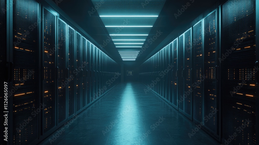 Fototapeta premium Server Room Corridor with Blue Neon Lights