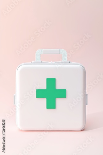 Isolated first aid kit with green cross on pink background