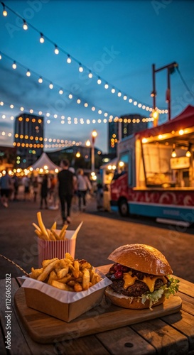 Summer Night Market with Food Truck, Burgers, Fries & String Lights V7