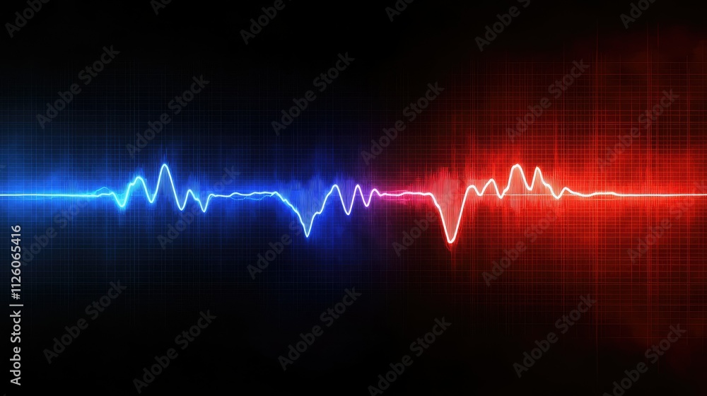 Abstract Digital Sound Wave Visualization in Blue and Red Colors with Vibrant Pulse Display on a Dark Background for Dynamic Music and Audio Themes Abstract Digital Sound Wave Visualization in Blue and Red Colors with Vibrant Pulse Display on a Dark Background for Dynamic Music and Audio Themes