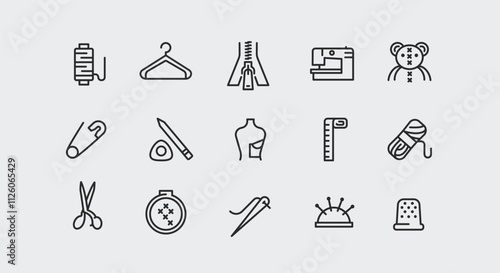 Sewing icons. Set of 15 sewing trendy minimal icons. Example: Dressform, Hanger, Thread, Fabric, Sewing machine icon. Design signs for web page, mobile app, packaging design. Vector illustration.