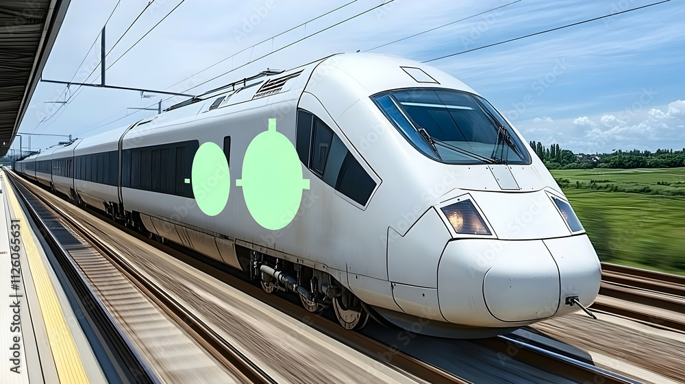 Fototapeta premium High-speed train with green advertisement mockup on side, for marketing or billboard, on railway tracks
