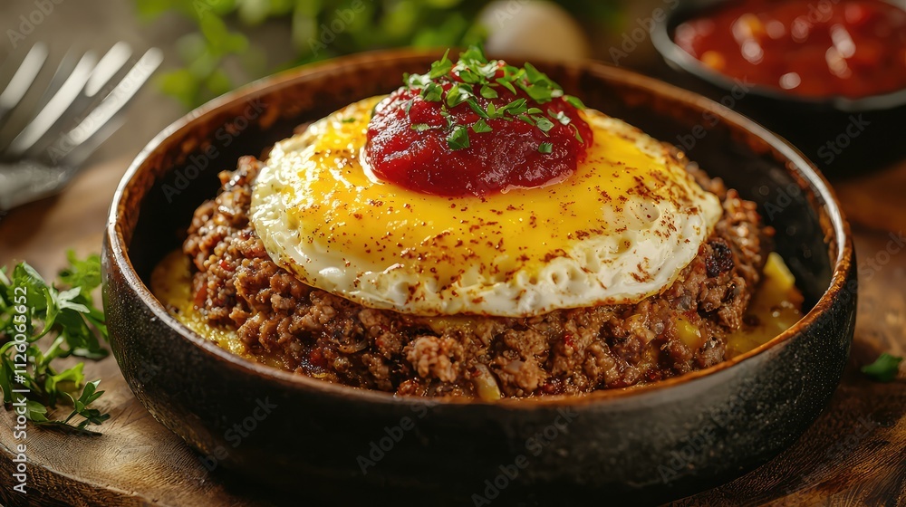 Juicy Ground Beef Patty Topped with Fried Egg and Tomato Sauce Served in a Rustic Bowl on a Wooden Table with Fresh Herbs and Spices Juicy Ground Beef Patty Topped with Fried Egg and Tomato Sauce Served in a Rustic Bowl on a Wooden Table with Fresh Herbs and Spices