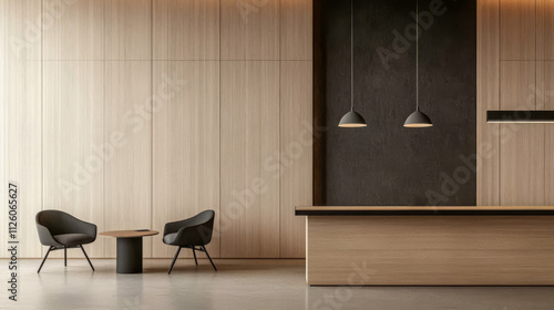 Wallpaper Mural Modern minimalist reception area featuring wooden panels and contemporary furniture design Torontodigital.ca