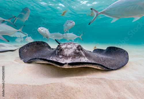 Eye level with a Southern Stingray (Hypanus americanus), shadow visible on the sandy seafloor and surface waves visible above. Bar jack fish just to the rear.