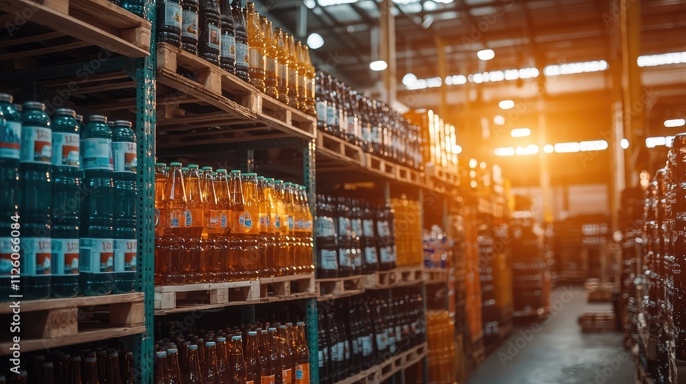 Vibrant Beverage Warehouse with Colorful Bottles of Soft Drinks and Juices on Wooden Pallets under Bright Warehouse Lights Vibrant Beverage Warehouse with Colorful Bottles of Soft Drinks and Juices on Wooden Pallets under Bright Warehouse Lights