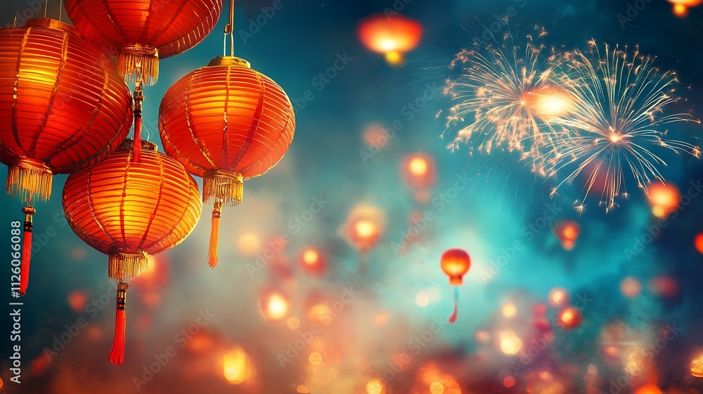 Festive red lanterns and fireworks at night.