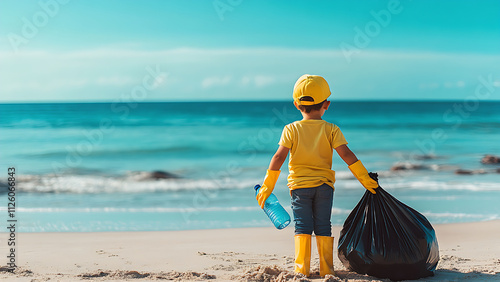 A child dressed in yellow is on the beach, holding a black trash bag full of rubbish.