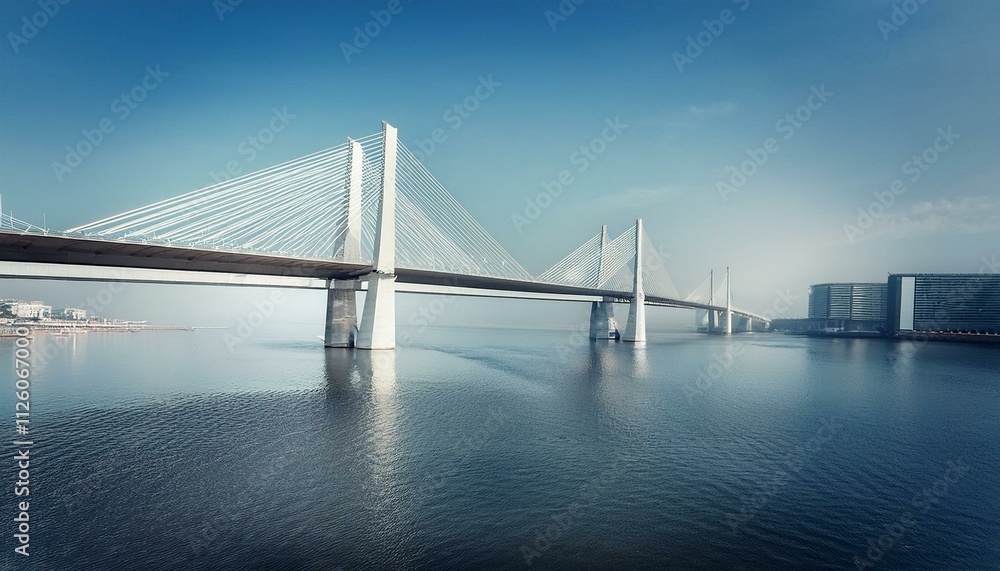 Obraz premium A dramatic image of a bridge spanning a river, with towering support beams and a blue sky.