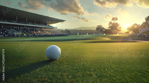 Golf ball on green at sunset, spectators in background.