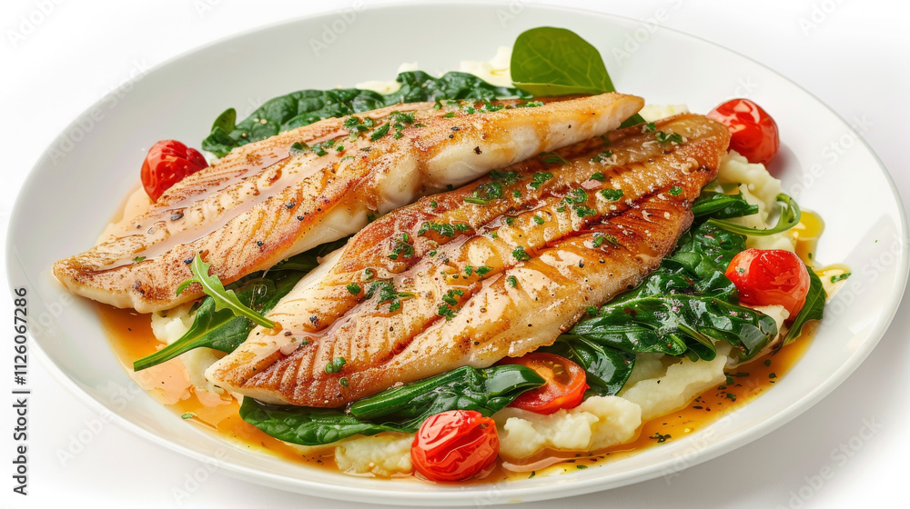 An isolated image of Dover Sole Meunière on a white background, featuring the fish on sautéed spinach and cherry tomatoes, drizzled with lemon caper butter sauce, and served with olive An isolated image of Dover Sole Meunière on a white background, featuring the fish on sautéed spinach and cherry tomatoes, drizzled with lemon caper butter sauce, and served with olive