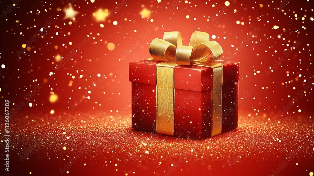 A red and gold gift box with a shiny ribbon, centered on a bright red backdrop A red and gold gift box with a shiny ribbon, centered on a bright red backdrop