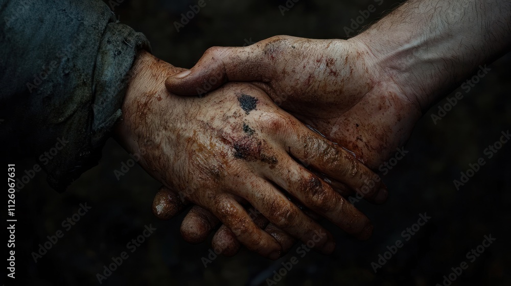 Fototapeta premium A Bloody Pact: Muddy Hands Clasped in a Gripping Deal