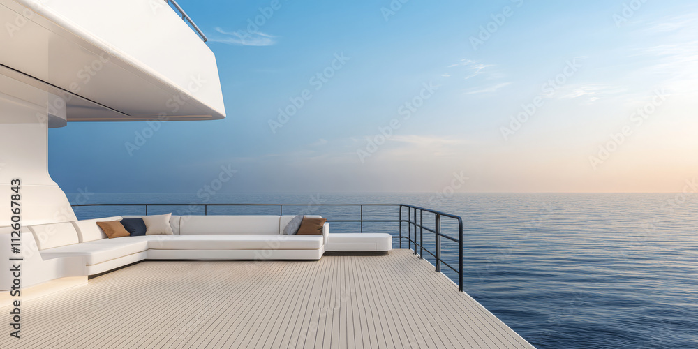 Fototapeta premium Luxurious outdoor lounge on a yacht overlooking the serene ocean at sunset