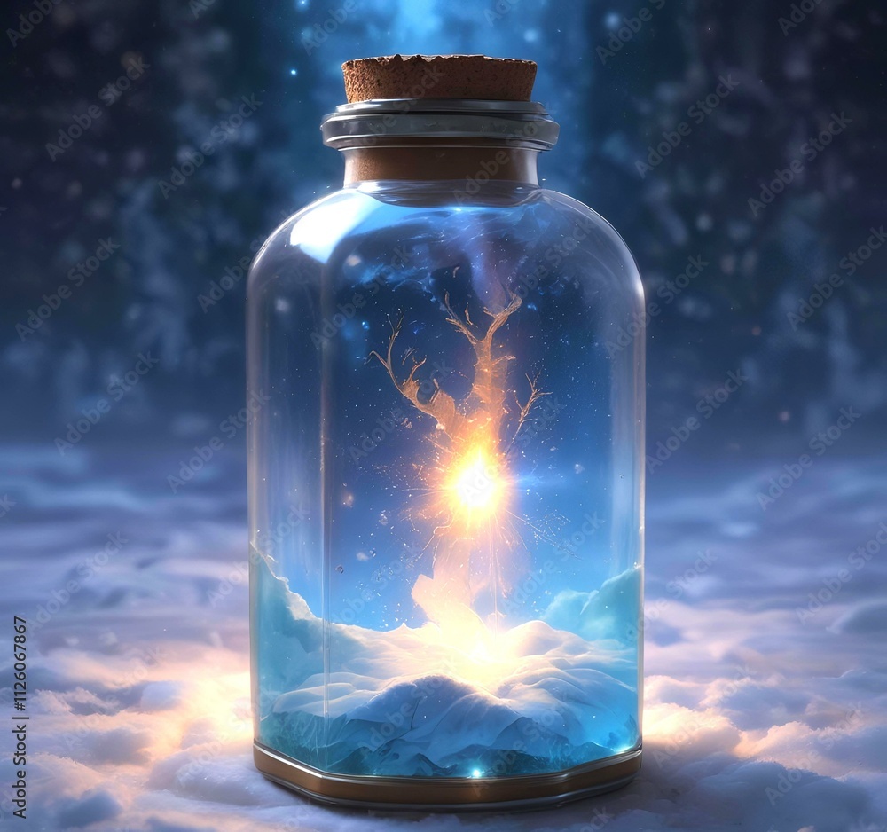 Illustration of bottle with magic spark inside. Illustration of bottle with magic spark inside.