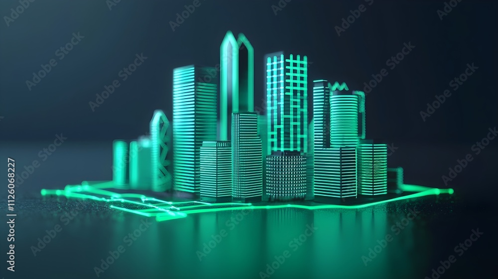 Fototapeta premium Futuristic Green Cityscape at Night