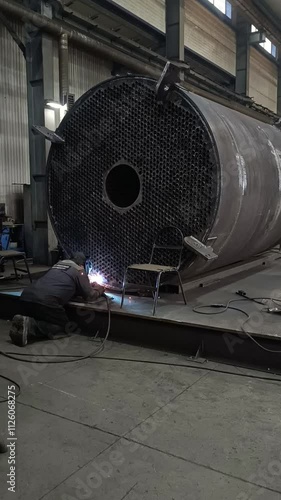 Man worker working with a metal product and welding. Industrial manufacturing. Welding metal parts in a factory. 