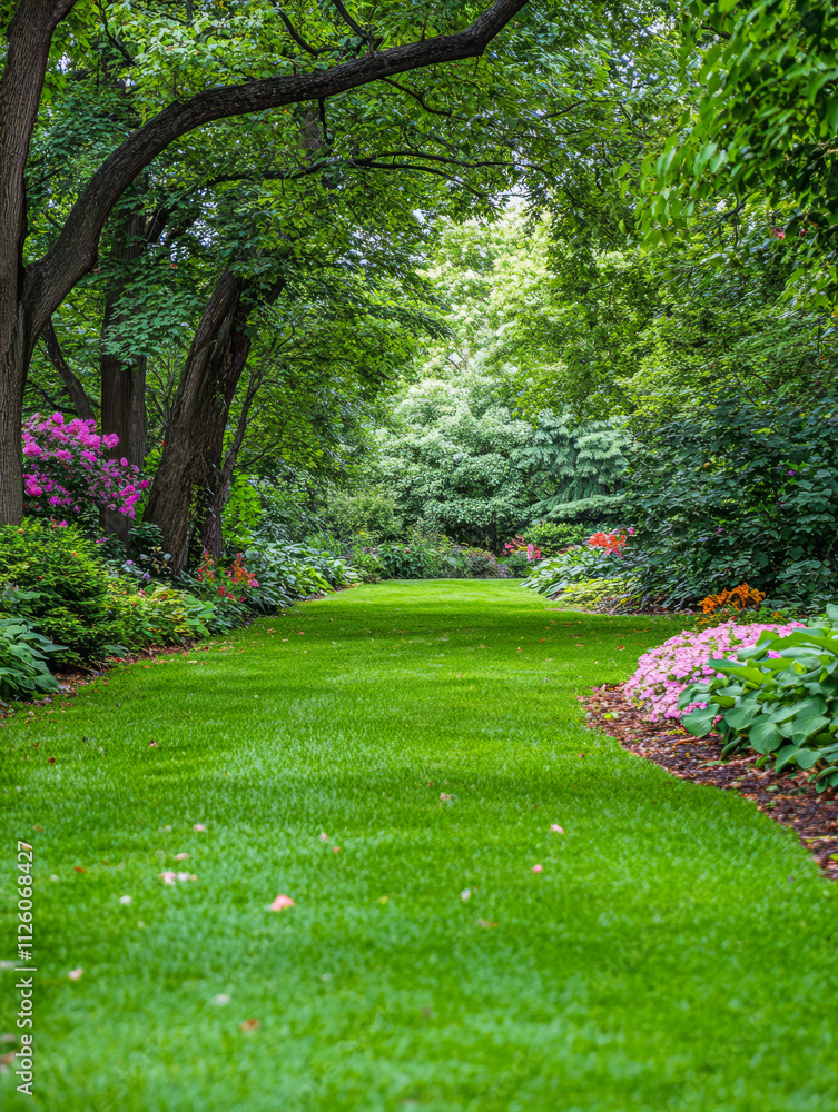 Obraz premium Lush garden pathway surrounded by vibrant flowers in a serene landscape