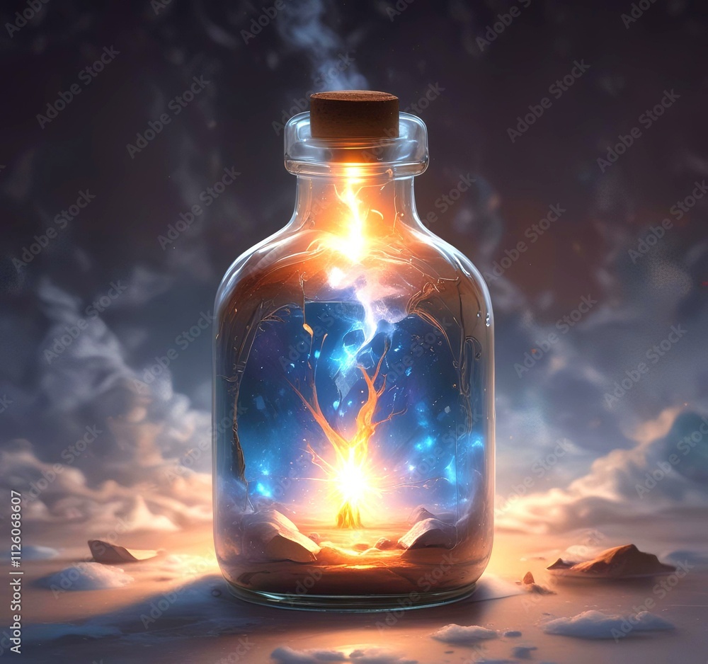 Illustration of bottle with magic spark inside. Illustration of bottle with magic spark inside.