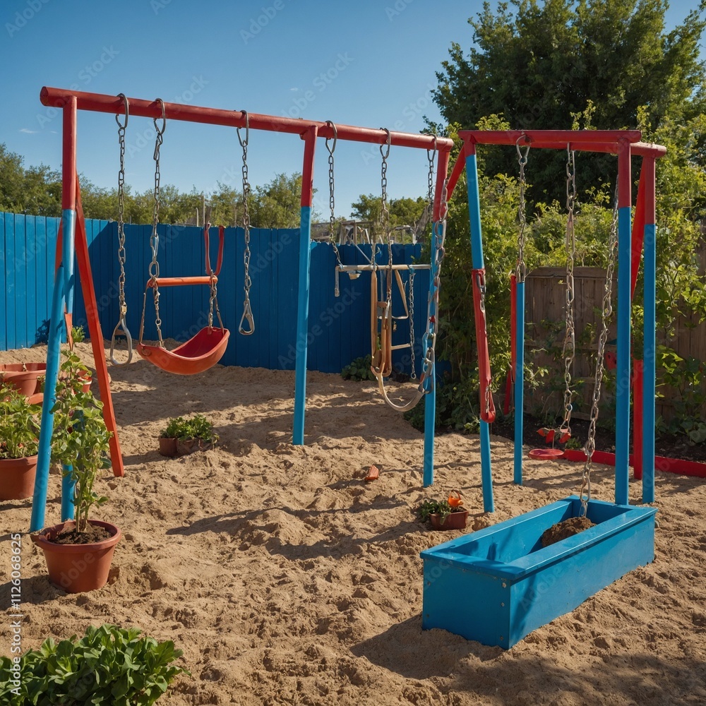 playground in the park.42. A children’s play garden, with swings, a sandbox, and a small vegetable patch where kids can help plant and pick... blue background playground in the park.42. A children’s play garden, with swings, a sandbox, and a small vegetable patch where kids can help plant and pick... blue background