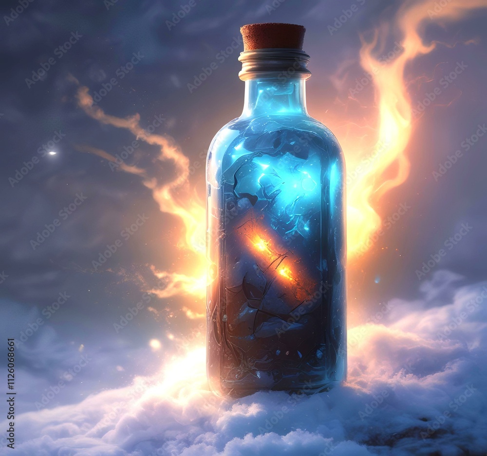 Illustration of bottle with magic spark inside. Illustration of bottle with magic spark inside.