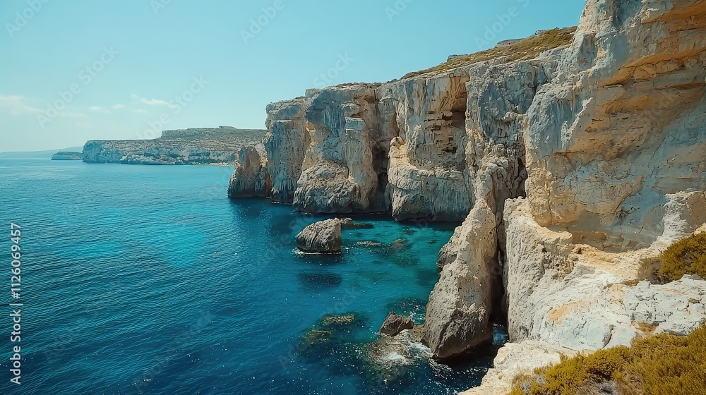 Naklejka premium Majestic Coastal Cliffs Overlooking Crystal Clear Waters in a Serene Mediterranean Landscape with Vibrant Colors and Natural Beauty