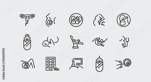 Pregnancy icons. Set of 15 pregnancy trendy minimal icons. Fetus, Ultrasound, Test, Baby, Embryo icon. Design signs for web page, mobile app, packaging design. Vector illustration.