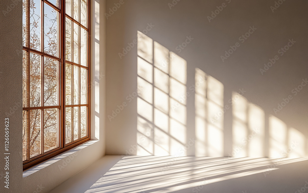 Obraz premium Natural light filters through a large window creating beautiful patterns on the wall
