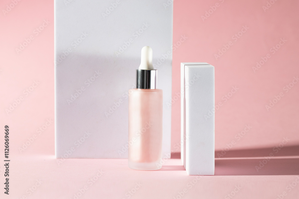 Pink glass dropper bottle with a silver cap at pink background with white geometric for, Modern and refined image for cosmetic promotion Pink glass dropper bottle with a silver cap at pink background with white geometric for, Modern and refined image for cosmetic promotion