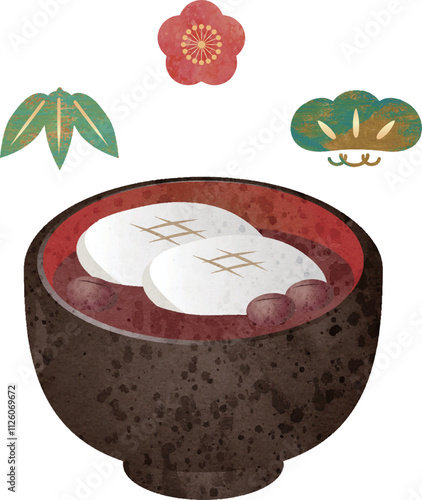 おしるこ　お汁粉　水彩　手描き　餅　和食　食べ物　お椀　イラスト　素材