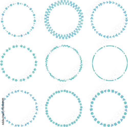 青色の水彩タッチの図形の丸フレームのセット