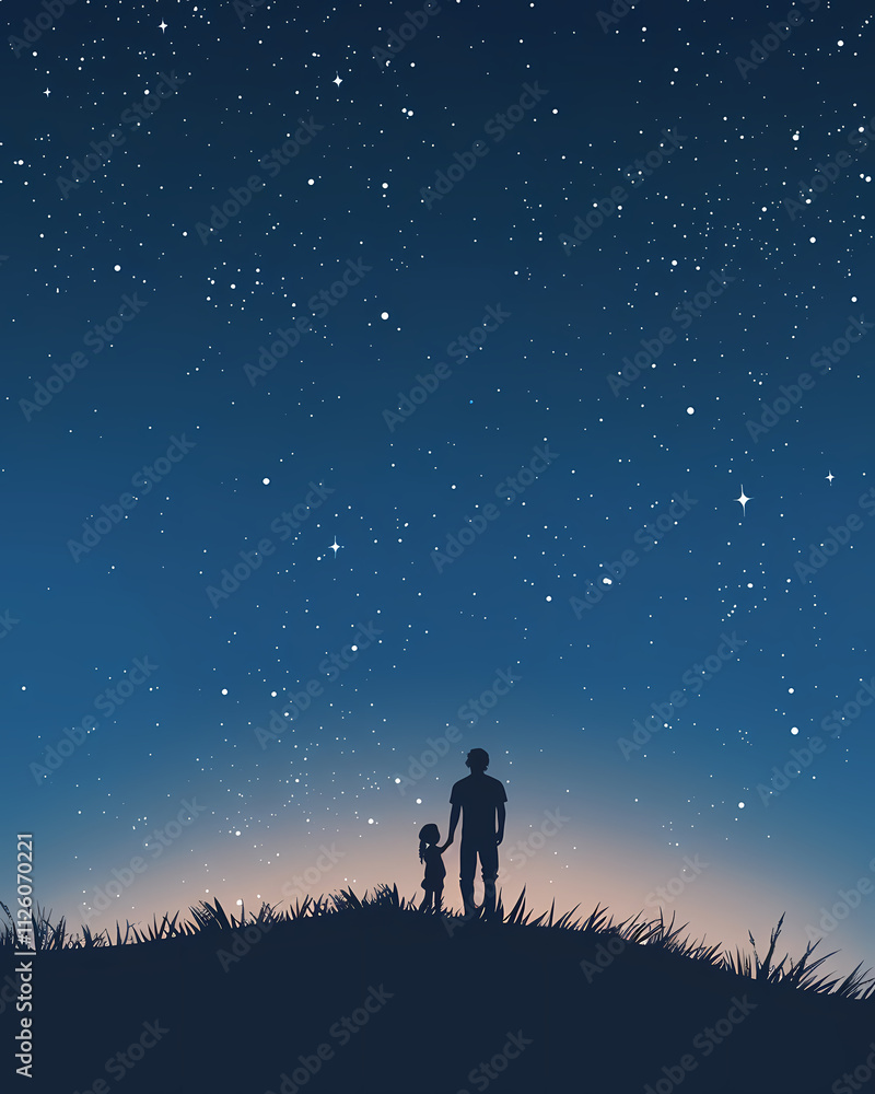 A silhouetted adult male and child, standing hand in hand under a star-filled night sky, surrounded by gentle grass. A silhouetted adult male and child, standing hand in hand under a star-filled night sky, surrounded by gentle grass.
