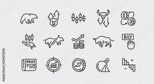 Stock market icons. Set of 15 stock market trendy minimal icons. Bear, Bull, market analysis, Stock Exchange icon. Design signs for web page, mobile app, packaging design. Vector illustration.