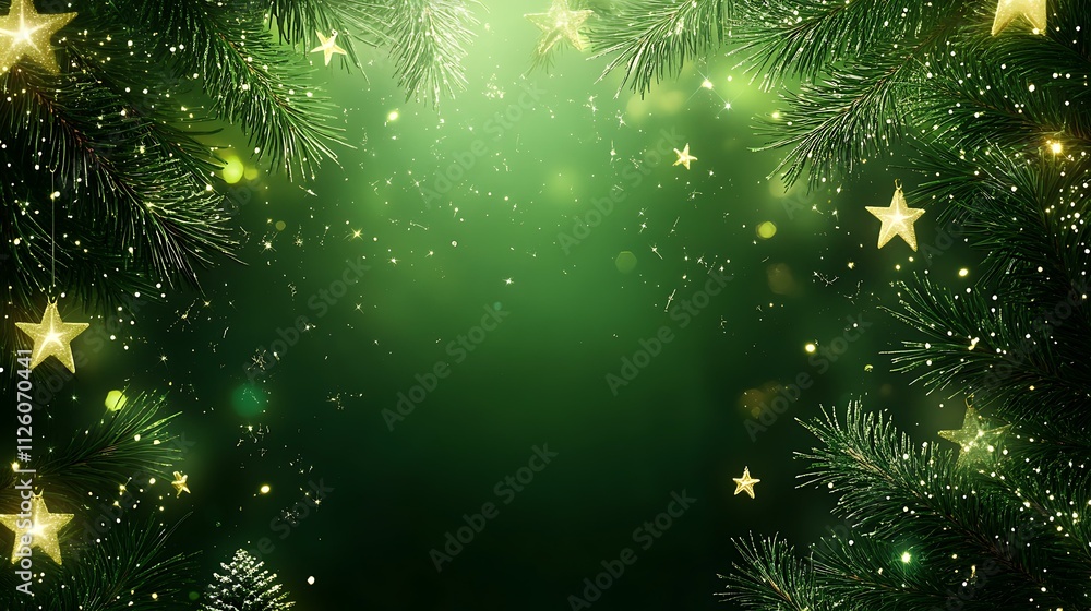A vibrant green holiday background with glowing stars, pine branches, and a central blank area for promotional content A vibrant green holiday background with glowing stars, pine branches, and a central blank area for promotional content