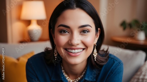 Woman is smiling and wearing a blue shirt and gold earrings