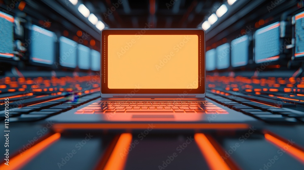 A sleek laptop with a bright orange screen is centered in a futuristic data environment filled with illuminated screens and glowing lines. A sleek laptop with a bright orange screen is centered in a futuristic data environment filled with illuminated screens and glowing lines.