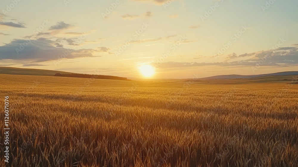 Expansive Golden Wheat Field at Sunset with a Vibrant Sky and Serene Landscape, Capturing Nature's Beauty and Tranquility in Rural Countryside Expansive Golden Wheat Field at Sunset with a Vibrant Sky and Serene Landscape, Capturing Nature's Beauty and Tranquility in Rural Countryside