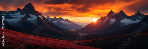 Mountain range with a red and orange sky in the background