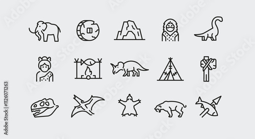 Prehistoric icons. Set of 15 prehistoric trendy minimal icons. Example: Mammoth, Stone Wheel, Caveman, Brontosaurus icon. Design signs for web page, mobile app, packaging design. Vector illustration.