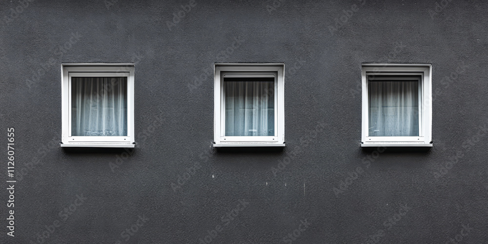 Minimalist view of three windows with white frames against a dark wall Minimalist view of three windows with white frames against a dark wall