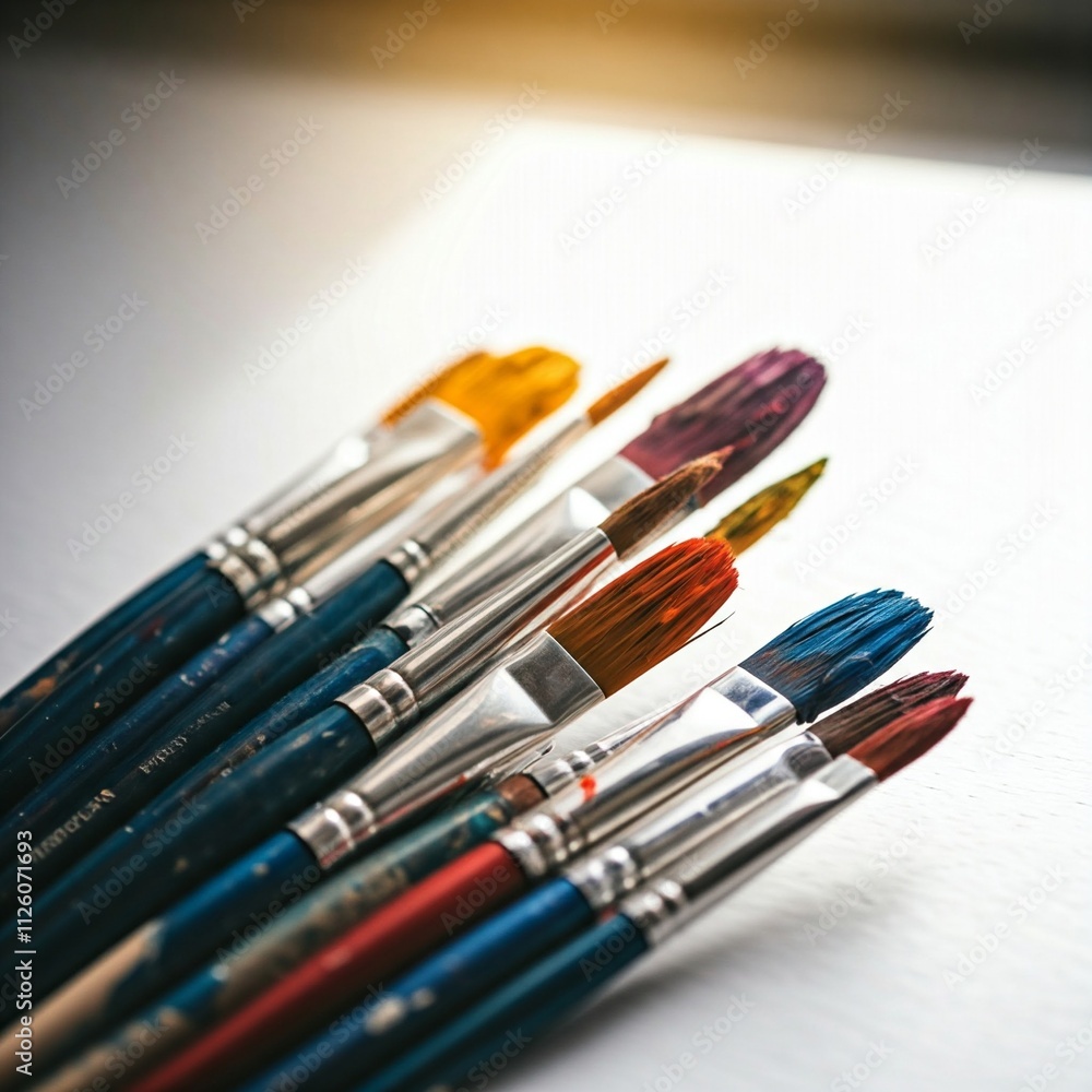 colorful paint brushes close up shot on white table colorful paint brushes close up shot on white table