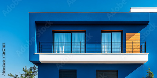 Modern blue building with large windows and balcony under clear sky