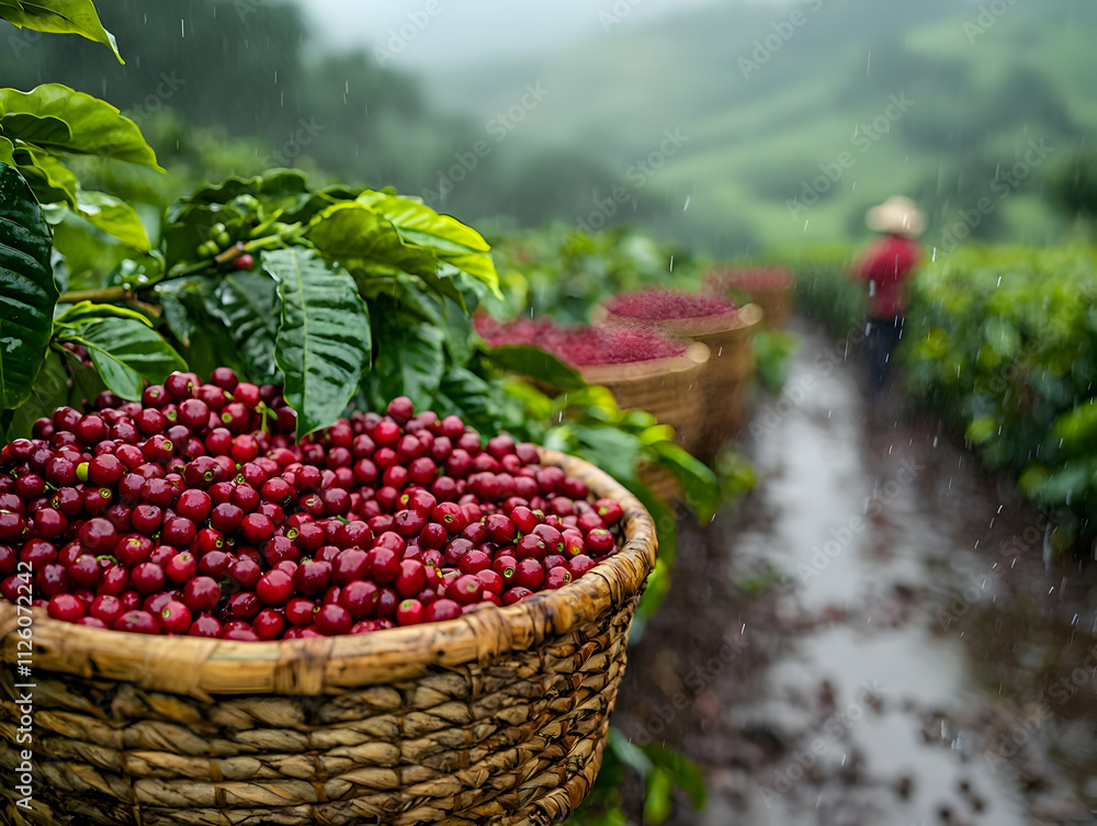 Harvesting Ripe Coffee Berries in Rain Harvesting Ripe Coffee Berries in Rain