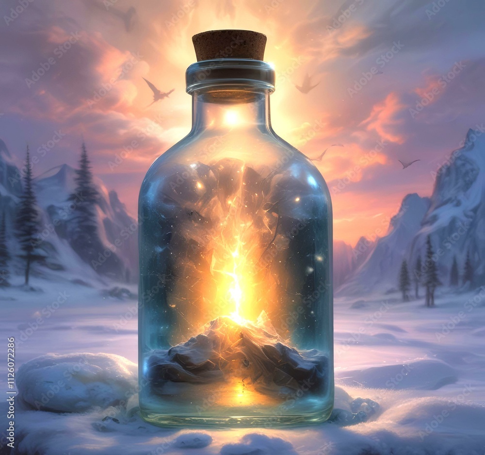 Illustration of bottle with magic spark inside. Illustration of bottle with magic spark inside.