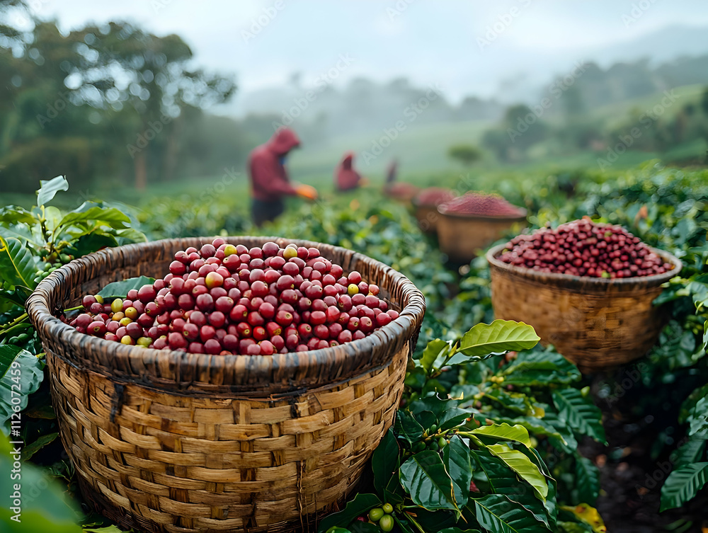 Harvesting Red Coffee Berries in Baskets Harvesting Red Coffee Berries in Baskets