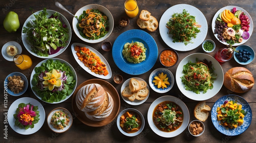 Table full of food with a variety of dishes including salads, sandwiches Table full of food with a variety of dishes including salads, sandwiches